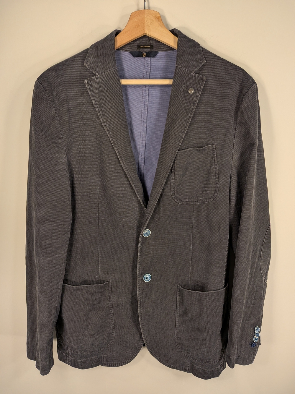 Massimo Dutti Men's Textured Cotton Blazer 40 Gray Patch Pocket